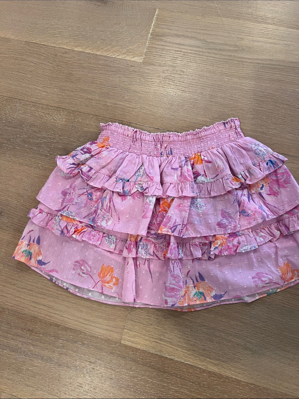 LoveShackFancy Pink Floral Tiered Ruffle Skirt